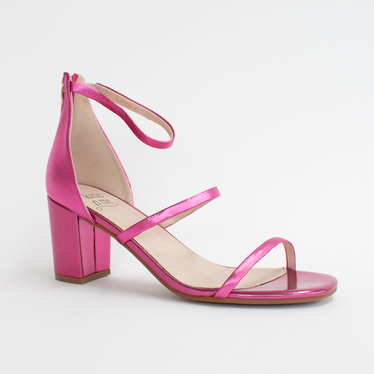 KatieNMe Clifton Fuchsia Metallic Sandals front. Size 43 womens shoes