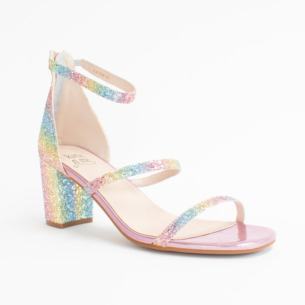 KatieNMe Clifton Sparkle Rainbow Sandals front. Size 43 womens shoes