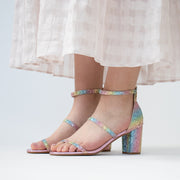 KatieNMe Clifton Rainbow Sparkle Sandals Model Shot. Size 43 womens shoes