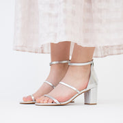 KatieNMe Clifton Silver Sandals Model Shot. Size 43 womens shoes