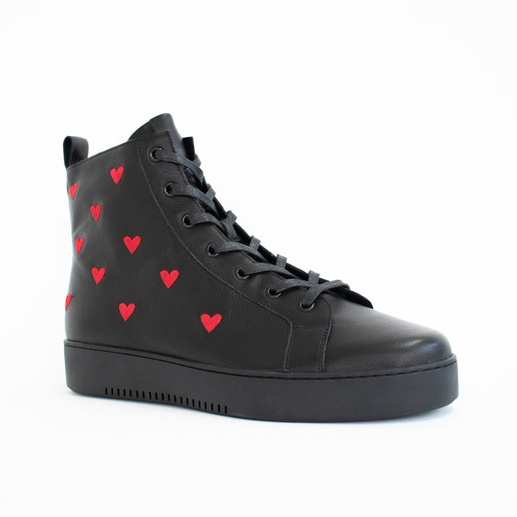 Minx Queen of Hearts Black High Top Sneaker front. Size 43 womens shoes