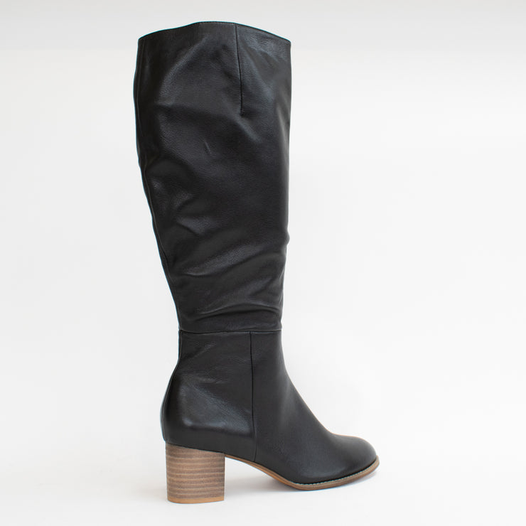 Django and Juliette Sled Black with Natural Heel Long Boot back. Size 44 womens shoes