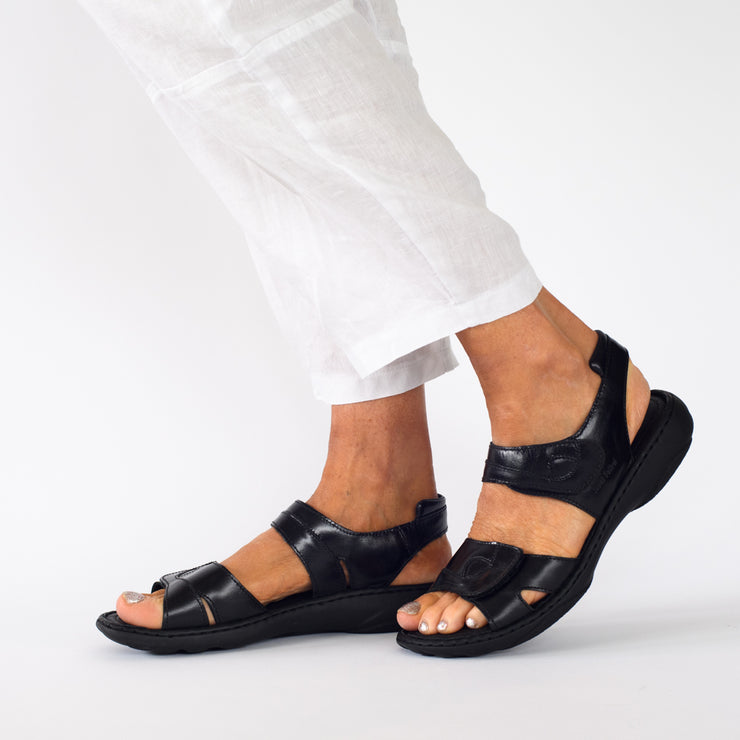 Model wearing Josef Seibel Debra Black sandals. Size 43 women's sandals